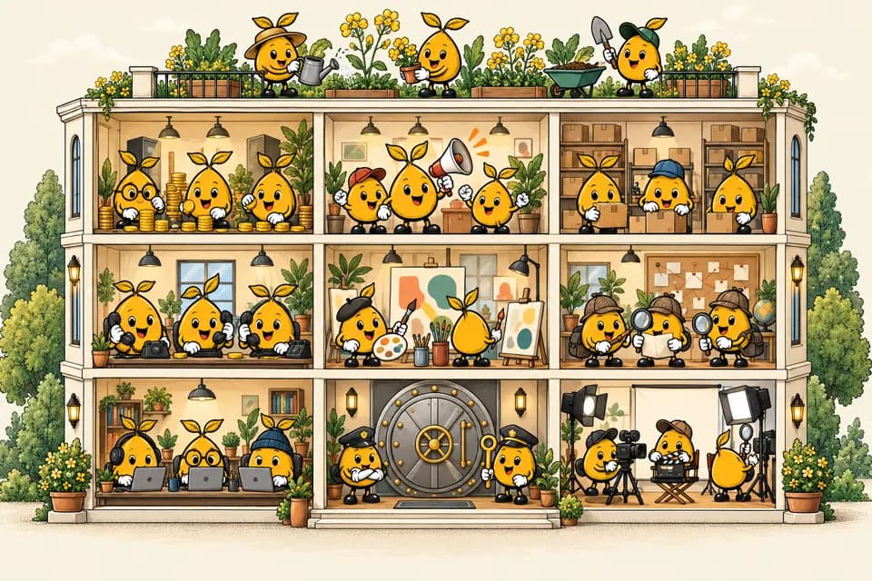 An office of mustard seeds at work in every room of a dollhouse.
