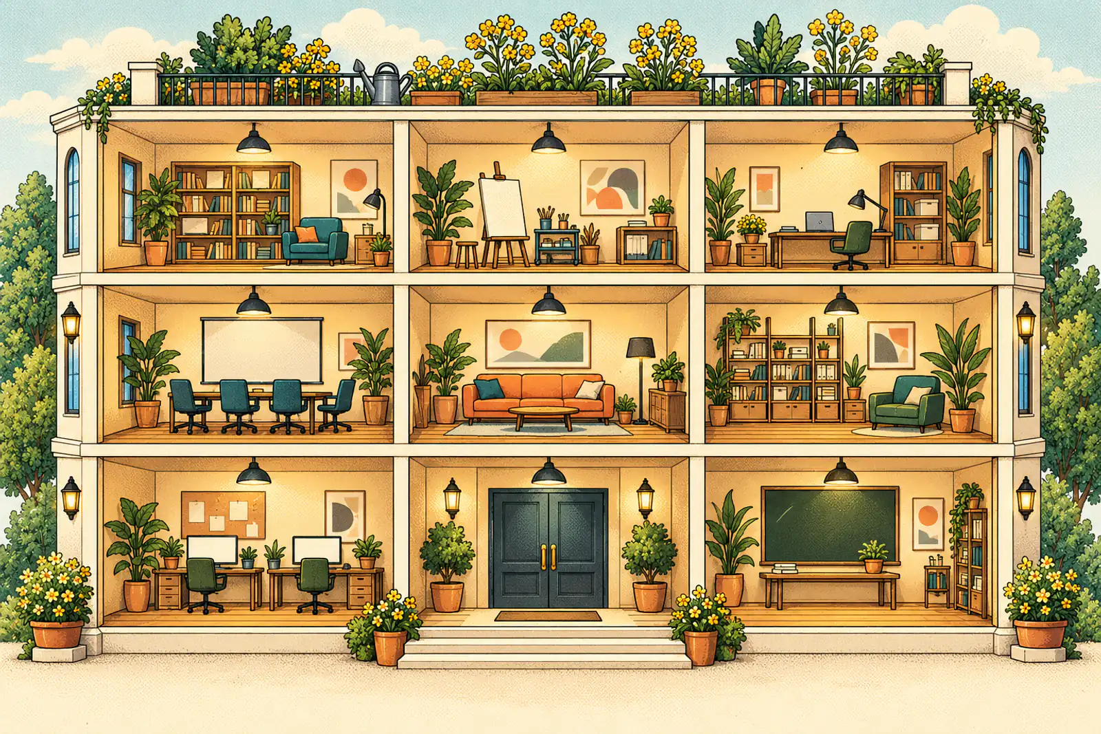 Mustard Office, drawn as an open dollhouse. Mr. Mustard sits in the top middle room and six seeds work in the rooms around him.